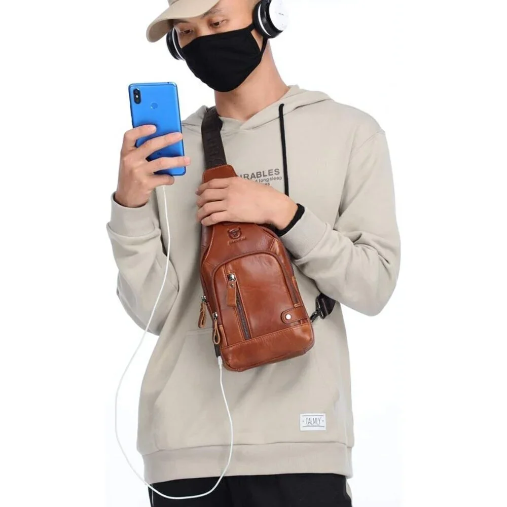 💫 Men Brown Leather Sling Bag Charging Port Multi-pocket Hiking Travel Daypack